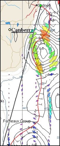 Fastest route for smallest boat in fleet, Farr 1020 Zephyr Hamilton Elevators - but a long way from the rhumb - Rolex Sydney to Hobart Race © Tidetech http://www.tidetech.org